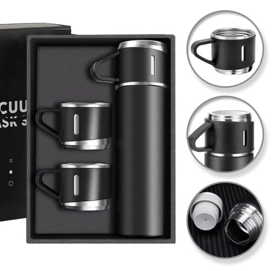 Термос подарочный набор с 3 чашками, черный